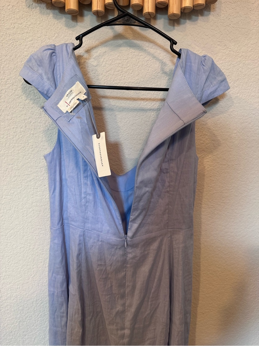 Anthropologie Light Blue Midi Dress Size M| Cap Sleeve Fitted Linen Blend NWT - Picture 8 of 11